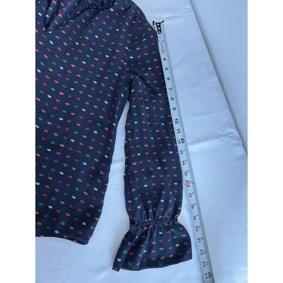 Jcrew 100% Silk Blouse Top Ruffle Navy Lips Long Sleeve Women's Size‎ 6 Split - Picture 7 of 9